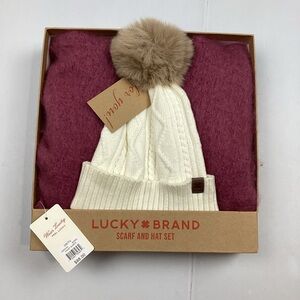 Lucky Brand Cream and Burgundy Scarf and Beanie Pom Pom Hat Set